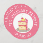 ハッピーバースデー、ケーキのピンクサークル 招待状 (正面/裏面)