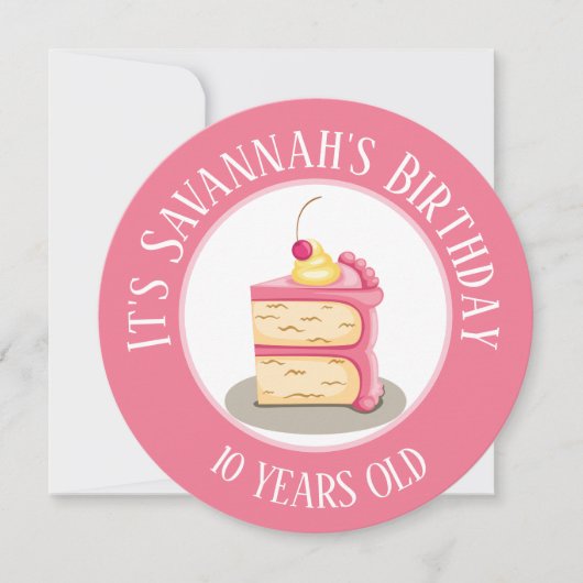 ハッピーバースデー、ケーキのピンクサークル 招待状 (正面)