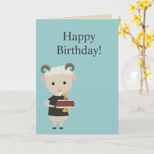 ハッピーバースデー-ケーキを持つかわいいヤギ カード (黄色い花)