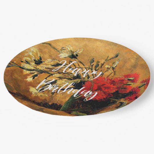ハッピーバースデー、ジャグカーネーション赤と白付き ペーパープレート (アングル)