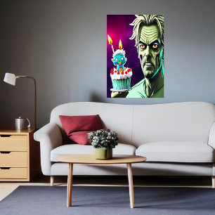 ハッピーバースデー、ゾンビ、ケーキ AI Art ポスター