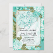 ハッピーバースデー-ティール(緑がかった色)フローラデザイン 招待状 (正面)