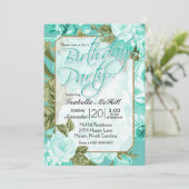 ハッピーバースデー-ティール(緑がかった色)フローラデザイン 招待状 (スタンド正面)