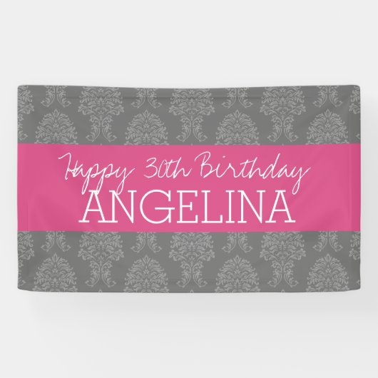 ハッピーバースデー(トレンディーグレーとピンクダマスク) 横断幕 (横)