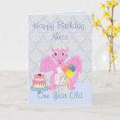 ハッピーバースデー·ニース、かわいいピンクのドラゴン漫画 カード (黄色い花)