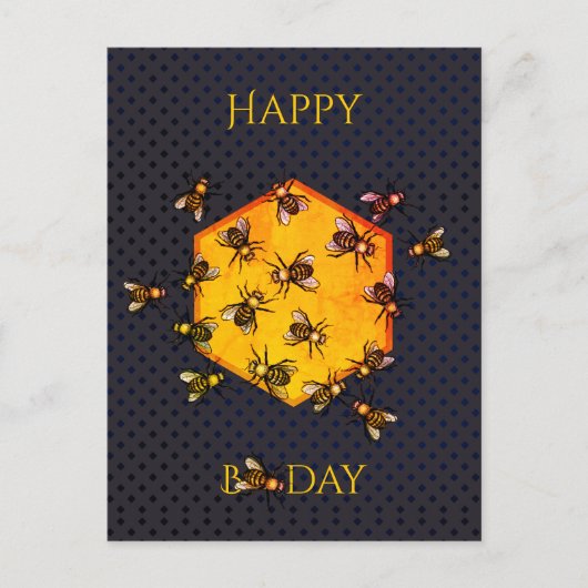 ハッピーバースデー ハニー ハチのオレンジ黄色の楽しい誕生日 ポストカード (正面)