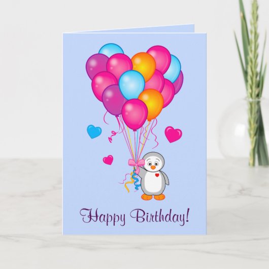 ハッピーバースデー:ハート型バルーン付ペンギン カード (正面)