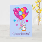 ハッピーバースデー:ハート型バルーン付ペンギン カード (黄色い花)