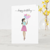 ハッピーバースデー – バルーンファッションガール カード (黄色い花)