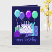 ハッピーバースデー! |バルーン、プレゼント、ケーキ カード (黄色い花)