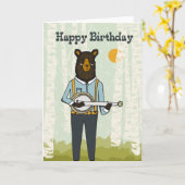 ハッピーバースデー-バンジョーのバースデー・カードを遊んでいるくま カード (黄色い花)