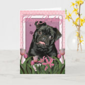 ハッピーバースデー – パグ – ラフィー カード (黄色い花)