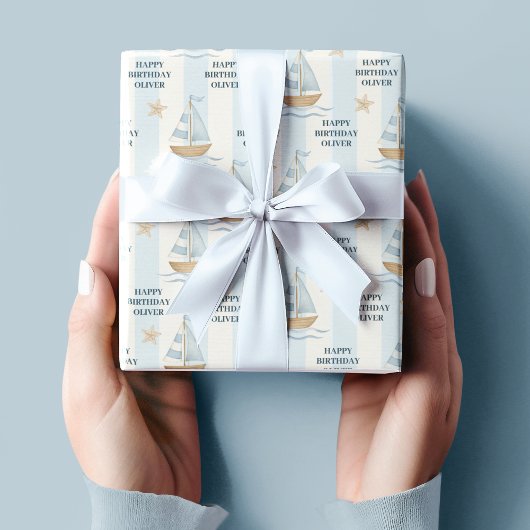 ハッピーバースデー | パステルブルーセーリングボート ラッピングペーパー