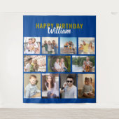 ハッピーバースデー パーソナライズ 11枚 フォト コラージュ 青 タペストリー (正面)