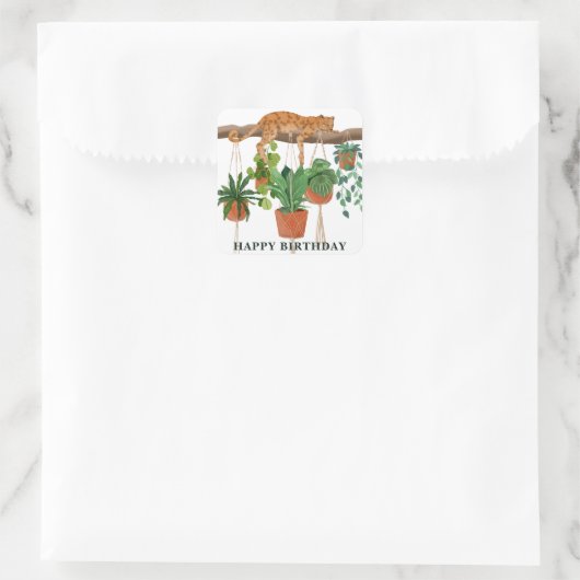 ハッピーバースデー、ヒョウは家の植物と眠る スクエアシール (バッグ)