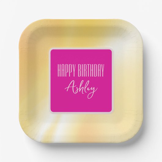 "ハッピーバースデー"ピンクと黄色の紙プレート ペーパープレート (正面)