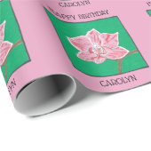 ハッピーバースデー、ピンクの蘭の花、あなたの名前 ラッピングペーパー (ロールコーナー)