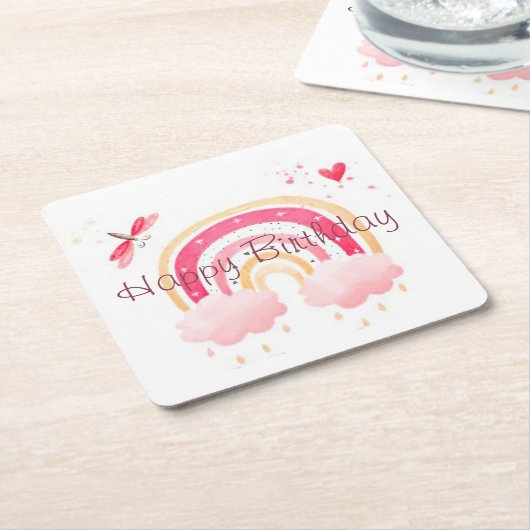 ハッピーバースデー ピンクの虹 スクエアペーパーコースター (アングル)