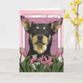 ハッピーバースデー – ピンクチューリップ – オーストラリアのケルピー カード (黄色い花)