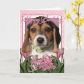 ハッピーバースデー – ピンクチューリップ – ビーグルパピー カード (黄色い花)