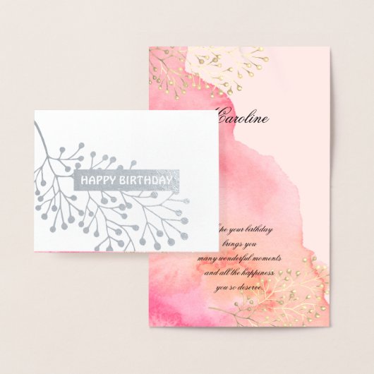 ハッピーバースデー。ピンクボタニカルウォーターカラーラグジュアリー 箔カード (ディスプレー)