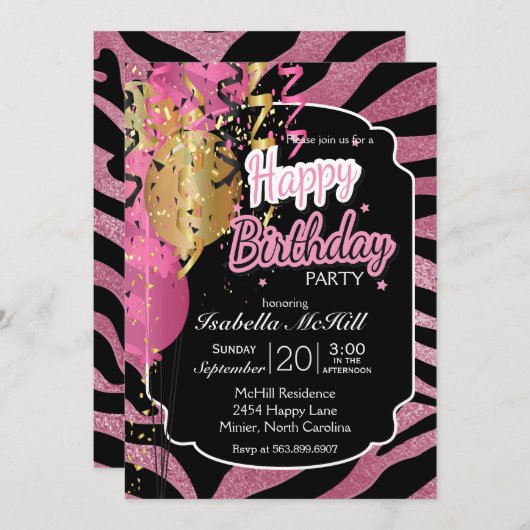 ハッピーバースデー – ピンク&ブラックゼブラストライプズインヴィタ 招待状 (正面/裏面)