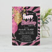 ハッピーバースデー - ピンク＆ブラック ゼブラ ストライプ インビタ 招待状 (スタンド正面)