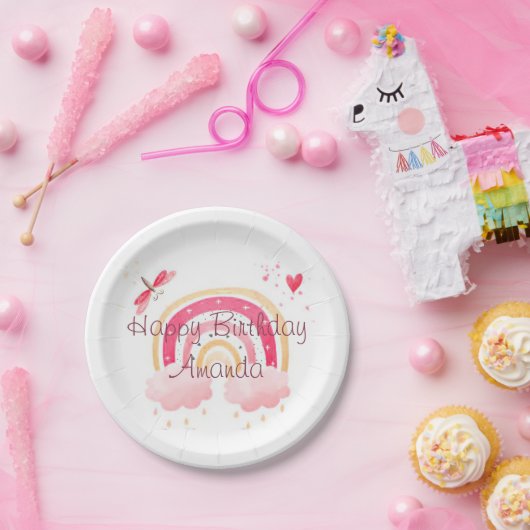 ハッピーバースデー ピンク レインボー オーダーメイド ペーパープレート (パーティー)