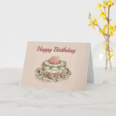 ハッピーバースデー、ファンシーケ飾ーキ、ヴィンテージ カード (黄色い花)