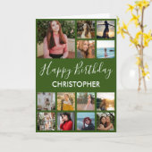 ハッピーバースデー フォト コラージュ 13枚の写真 緑 カード (黄色い花)