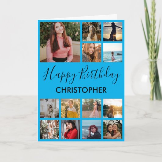 ハッピーバースデー フォト コラージュ 13枚の写真 青 カード (正面)