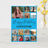 ハッピーバースデー フォト コラージュ 13枚の写真 青 カード (黄色い花)