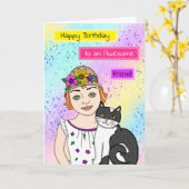 ハッピーバースデー |フォークアートの少女と猫 カード (黄色い花)