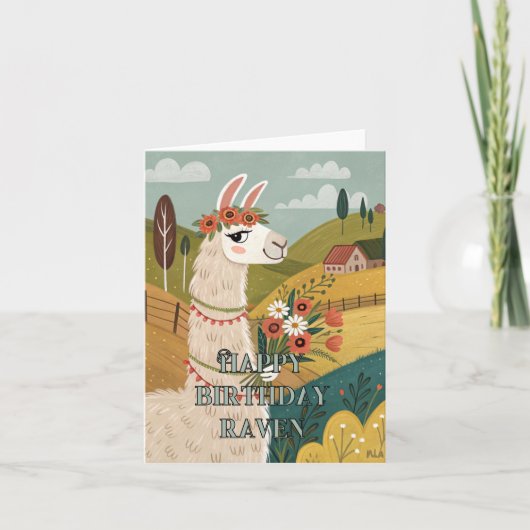 ハッピーバースデー フラワール アルパカ フォルドカード サンキューカード (正面)