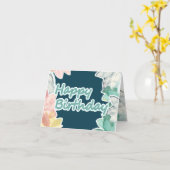 ハッピーバースデー – ブルーティール（緑がかった色）文字トロピカル離れ カード (黄色い花)