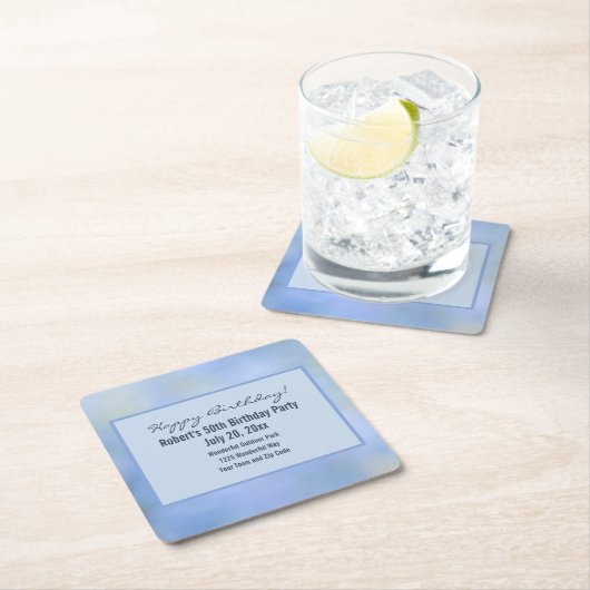 ハッピーバースデー ブルー・イエロー・アブストラクト・パロヴェルデ スクエアペーパーコースター (インサイチュ)