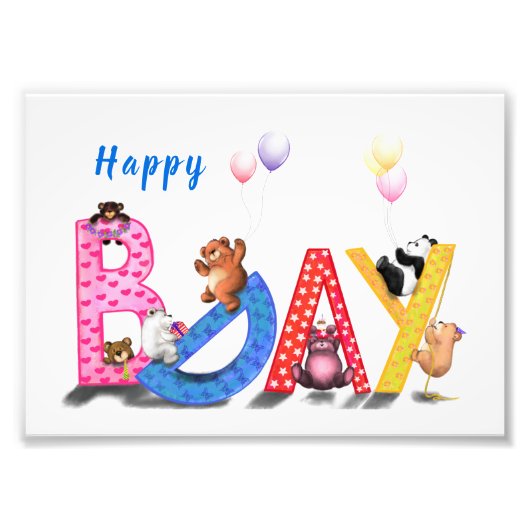 ハッピーバースデー-ベビーベアパーティーお祝いおもしろい フォトプリント            (正面)