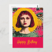 ハッピーバースデー ミックスメディア コラージュ 女性 ポストカード (正面/裏面)