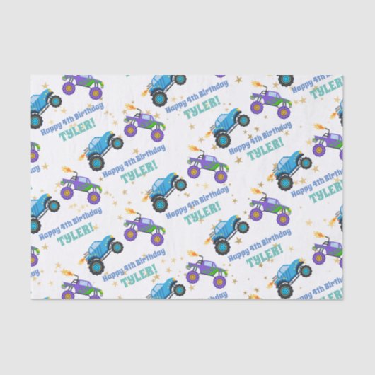 ハッピーバースデー、モンスタートラック名/年齢金ゴールドスター 薄葉紙 (正面)