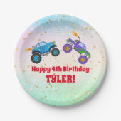 ハッピーバースデー、モンスタートラック、子供の名前と年齢 ペーパープレート (正面)