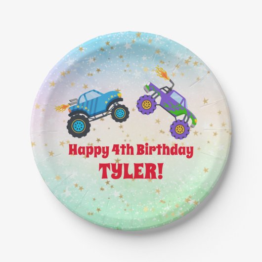 ハッピーバースデー、モンスタートラック、子供の名前と年齢 ペーパープレート (正面)