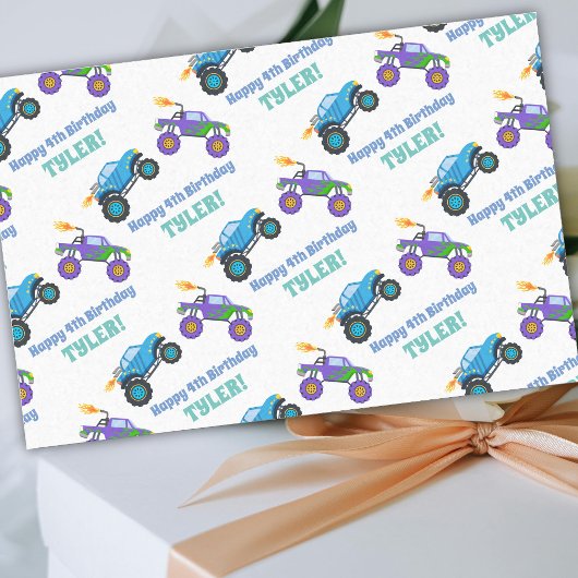 ハッピーバースデー、モンスタートラック、DIY名/年齢ホワイト 薄葉紙