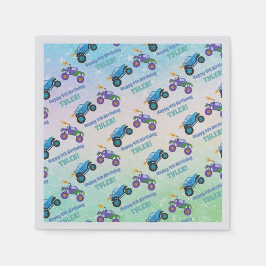 ハッピーバースデー、モンスタートラック、DIY Name & Age、 スタンダードカクテルナプキン (正面)