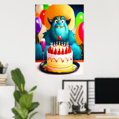 ハッピーバースデー，モンスター，ケーキバルーン | AI Art ポスター (ホームオフィス)
