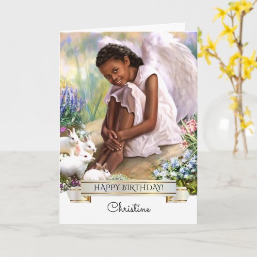 ハッピーバースデー。リトルエンジェル |名前をカスタムする カード (黄色い花)