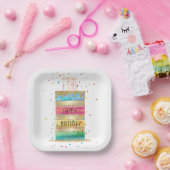 「ハッピーバースデー」レイヤーケーキ(金ゴールドと紙吹雪付き) ペーパープレート (パーティー)