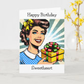 ハッピーバースデー |レトロ女性ギフト持ち カード (黄色い花)