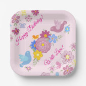 ハッピーバースデー ワイルド フラワーズ ガーデン 鳥の模様 ペーパープレート (正面)