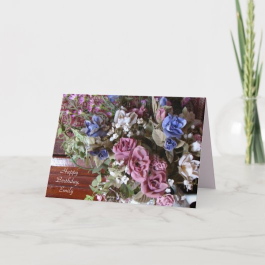 ハッピーバースデー、ヴィンテージの花、カーパーソナライズされたド カード (正面)