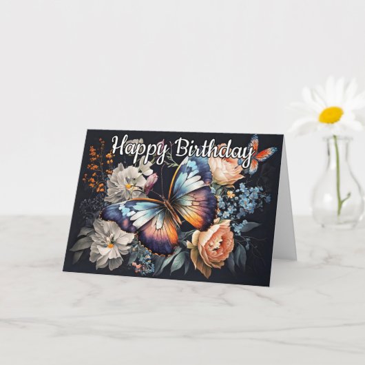 ハッピーバースデー | ヴィンテージバタフライアートワーク カード (小さな植物)